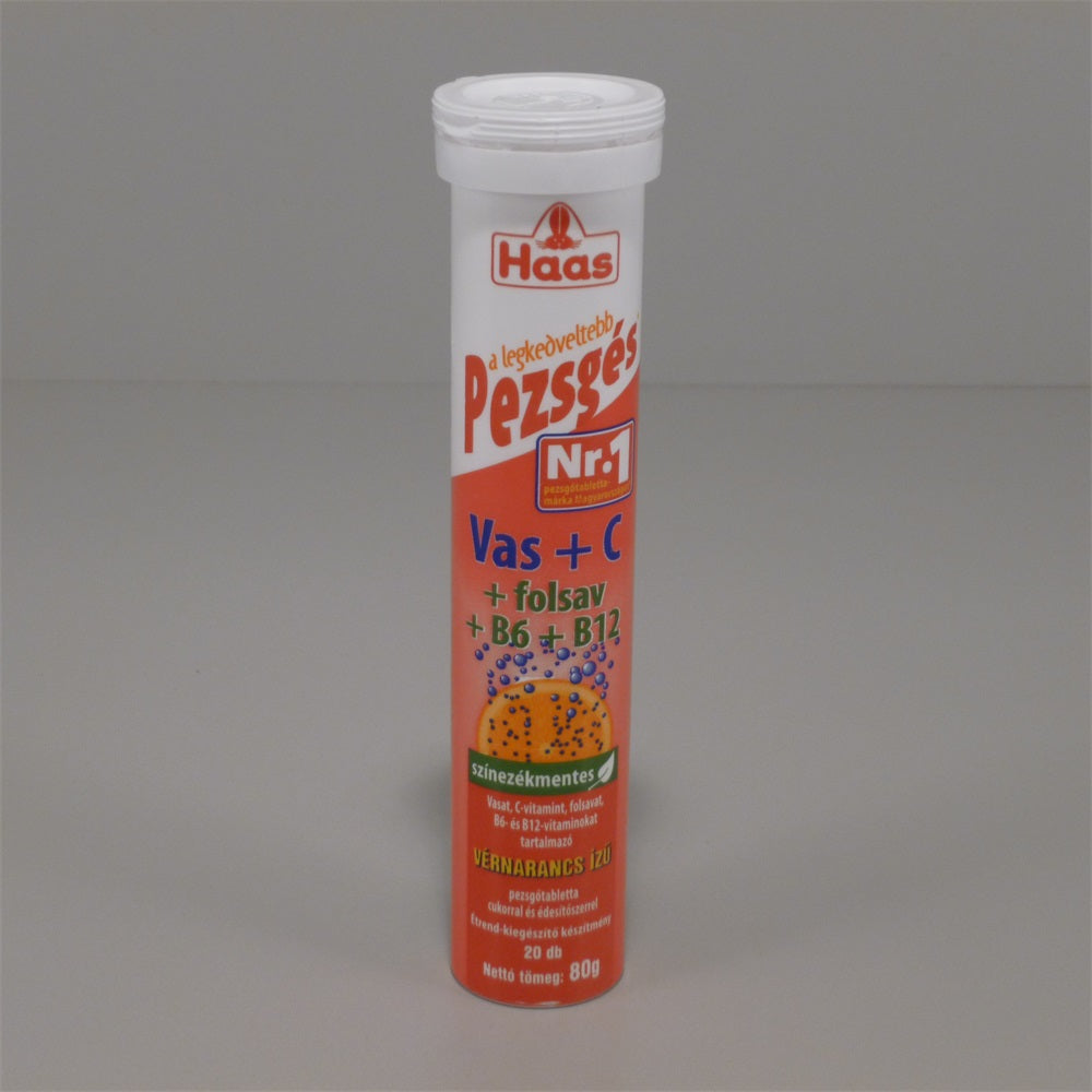 Haas Vital Šumivé tablety so železom, vitamínom C, kyselinou listovou, B6 a B12 s príchuťou krvavého pomaranča 80 g - 11969