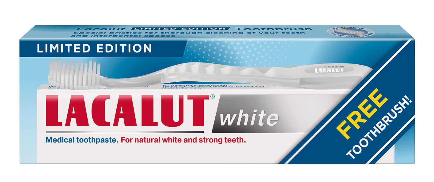 Lacalut biely bielený zubný krém + Lacalut limitovaná edícia zubná kefka 75 ml