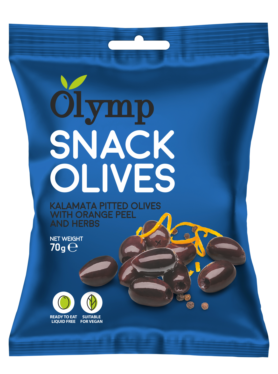 Olymp snack ochutená kalamata s masťovanými olivkami s oranžovou koreňou 70 g