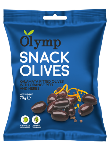 Olymp snack ochutená kalamata s masťovanými olivkami s oranžovou koreňou 70 g