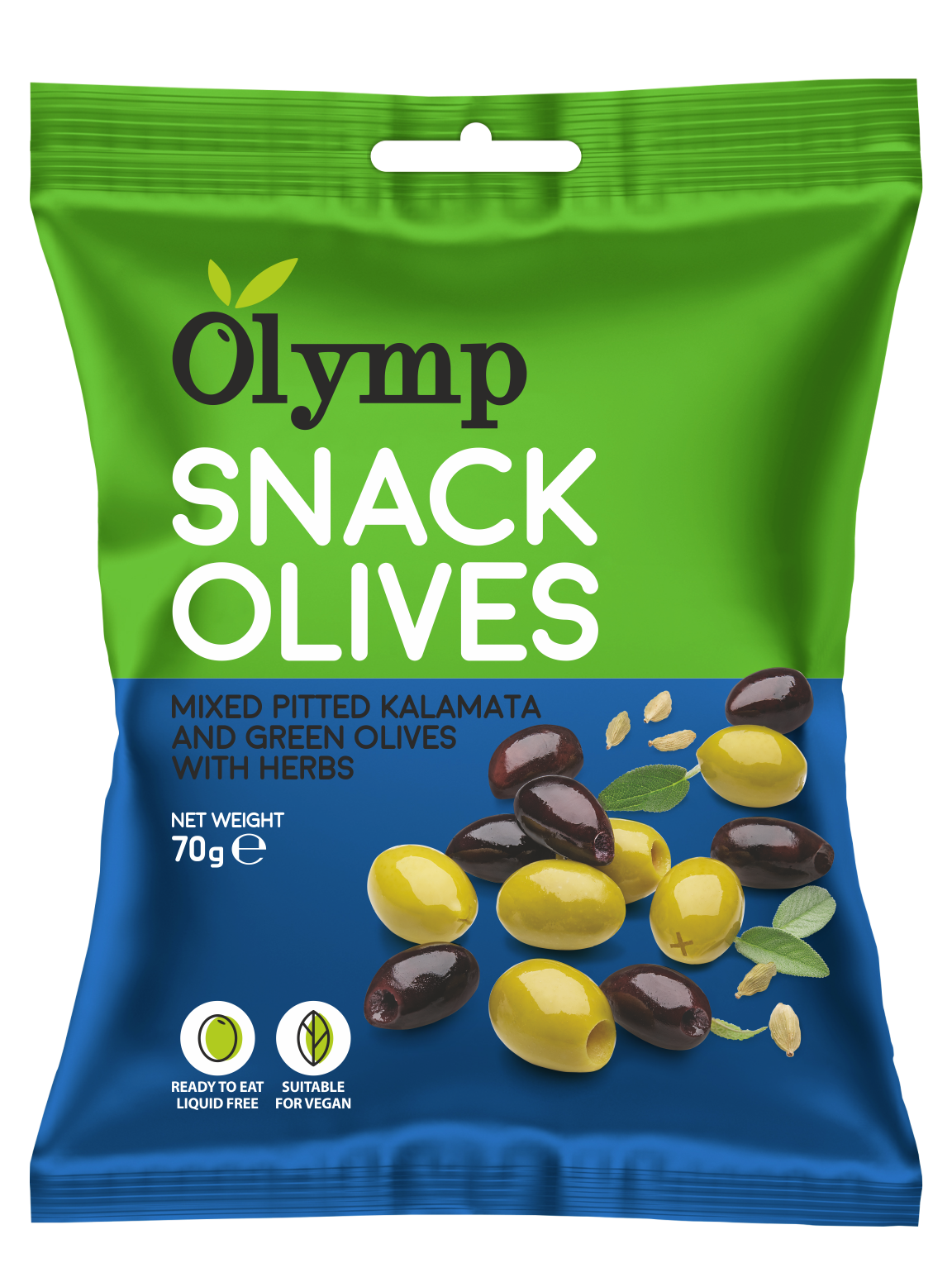 Olymp snack korenené zelené a kalamata omáčené olivy 70 g