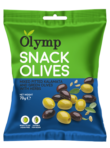 Olymp snack korenené zelené a kalamata omáčené olivy 70 g