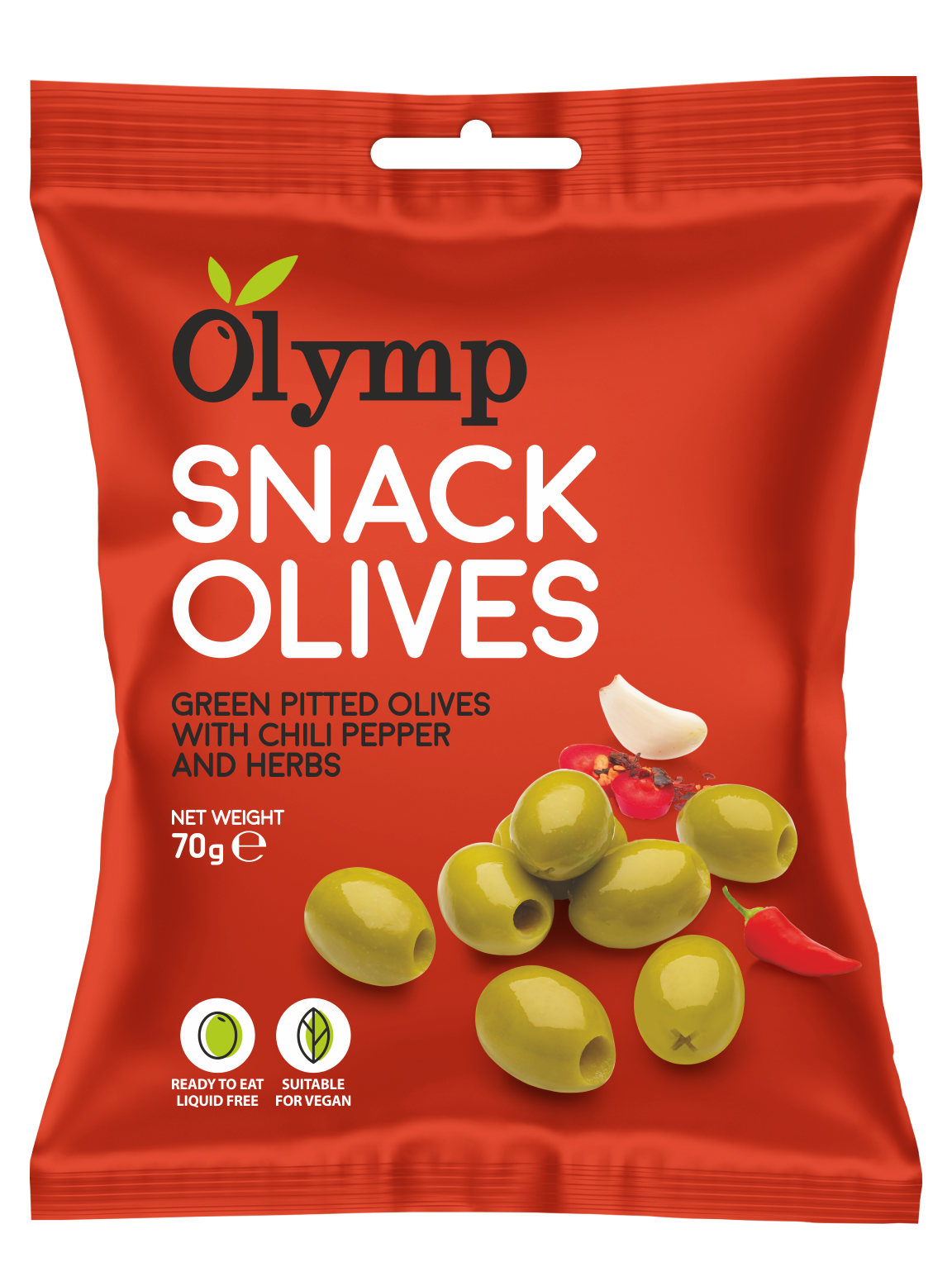Olymp snack ochutené zelené omáčené olivy s chilli paprikou 70 g