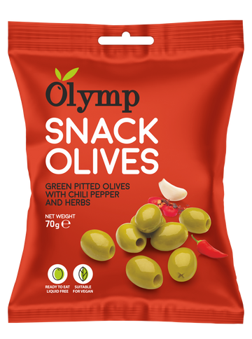 Olymp snack ochutené zelené omáčené olivy s chilli paprikou 70 g