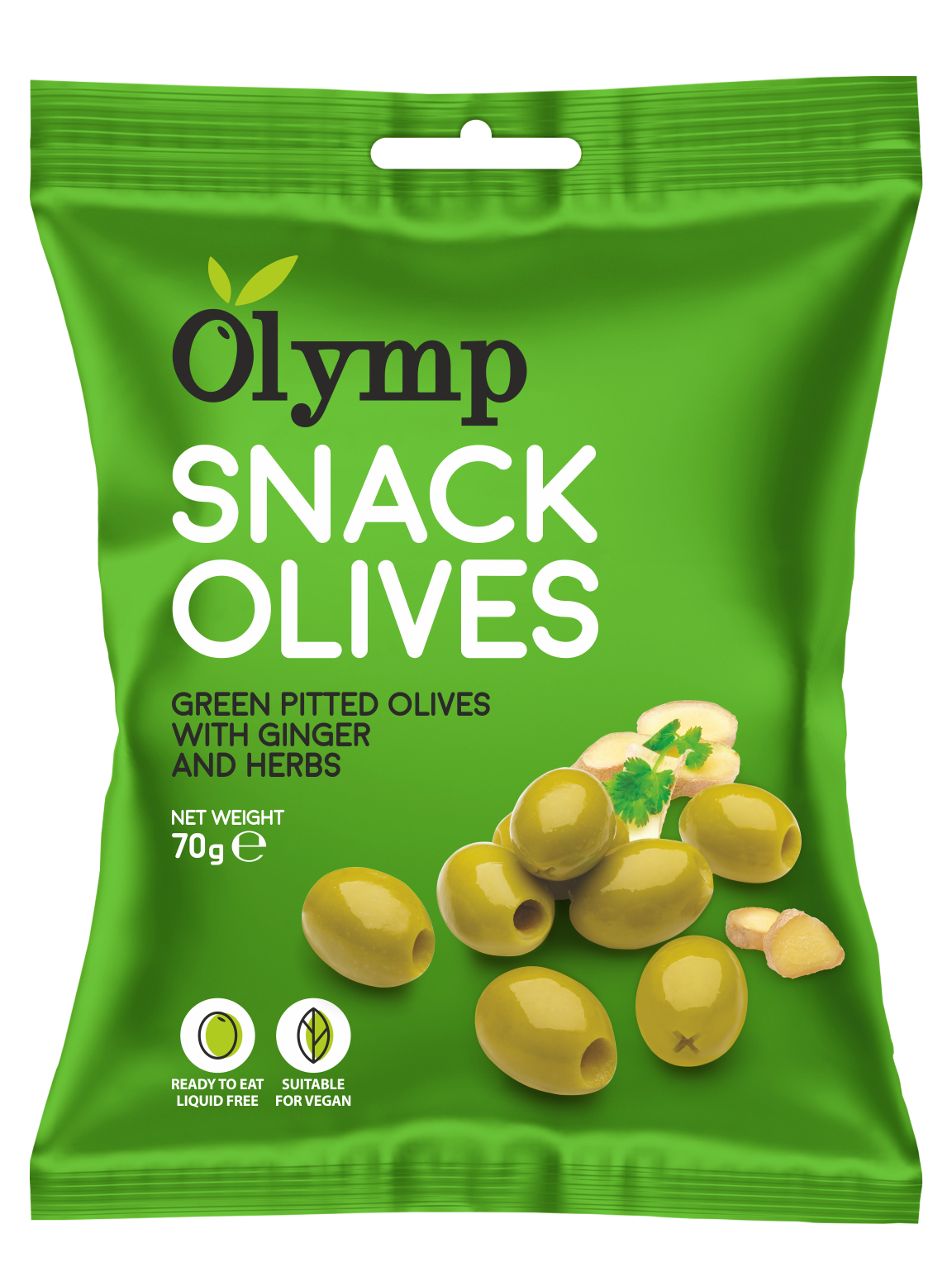 Olymp snack korenené zelené omleté olivy s zázvorom 70 g