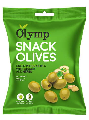 Olymp snack korenené zelené omleté olivy s zázvorom 70 g