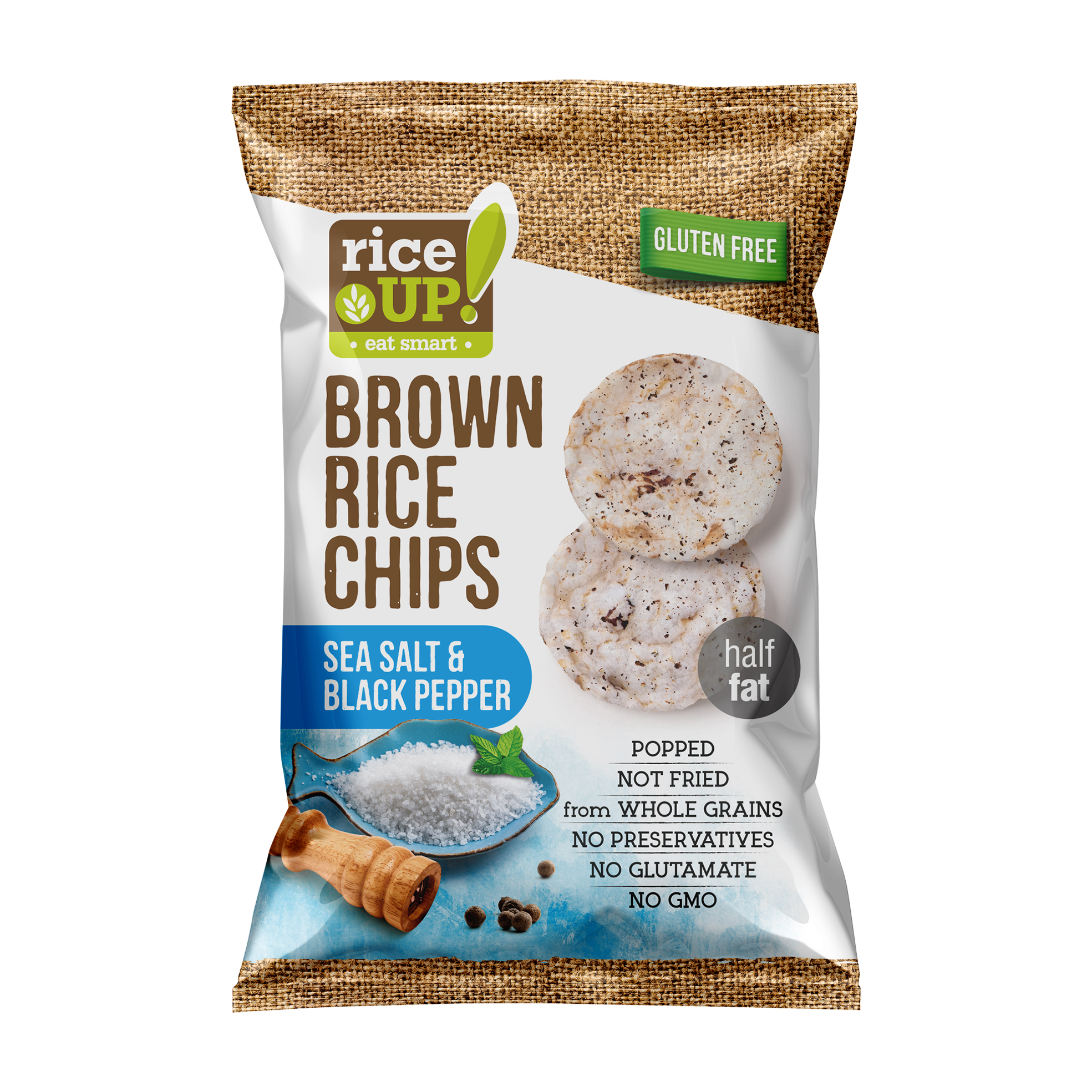 Rice UP! Celozrnné ryžové chipsy s morskou soľou a čiernym korením 60 g - 86572
