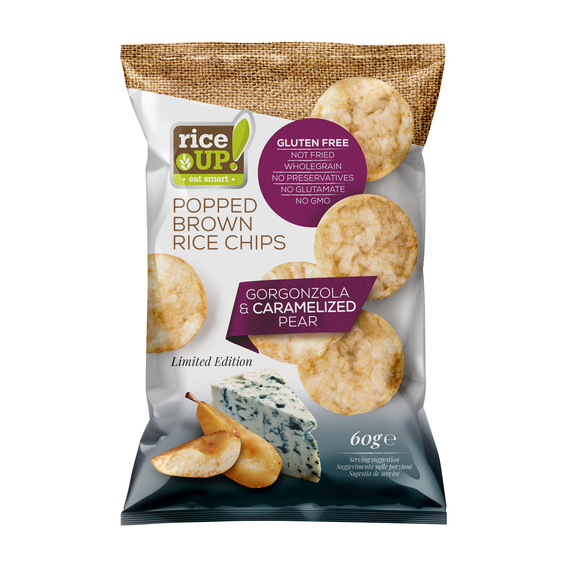 RiceUP! Chrumky z hnedej ryže s príchuťou gorgonzoly a karamelizovanej hrušky 60 g - 84368