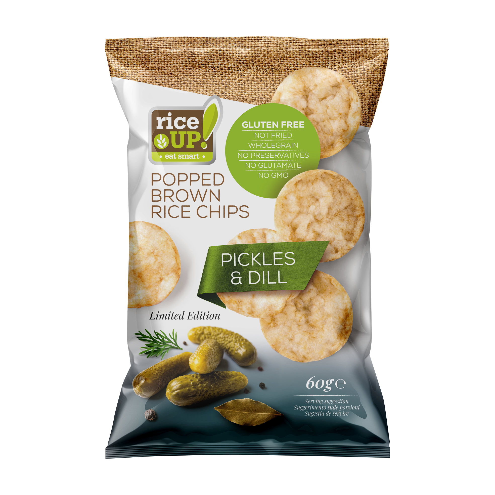 RiceUP! Hnedé ryžové chipsy s príchuťou uhorky a kôpru 60 g - 84367