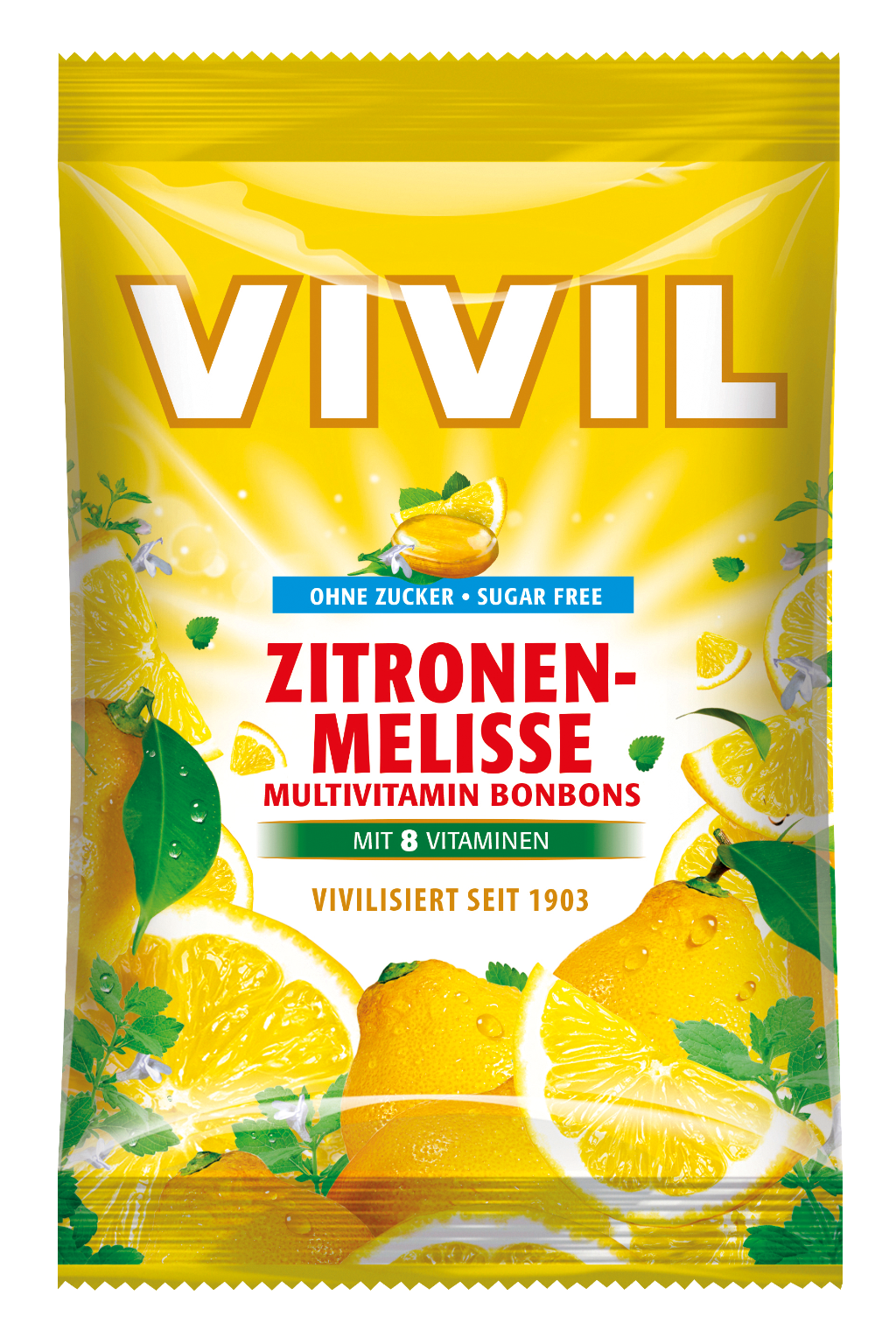 Vivil multivitamínové dropsy s citrónovo-medovkovou príchuťou a 8 vitamínmi bez cukru 60 g - 84874