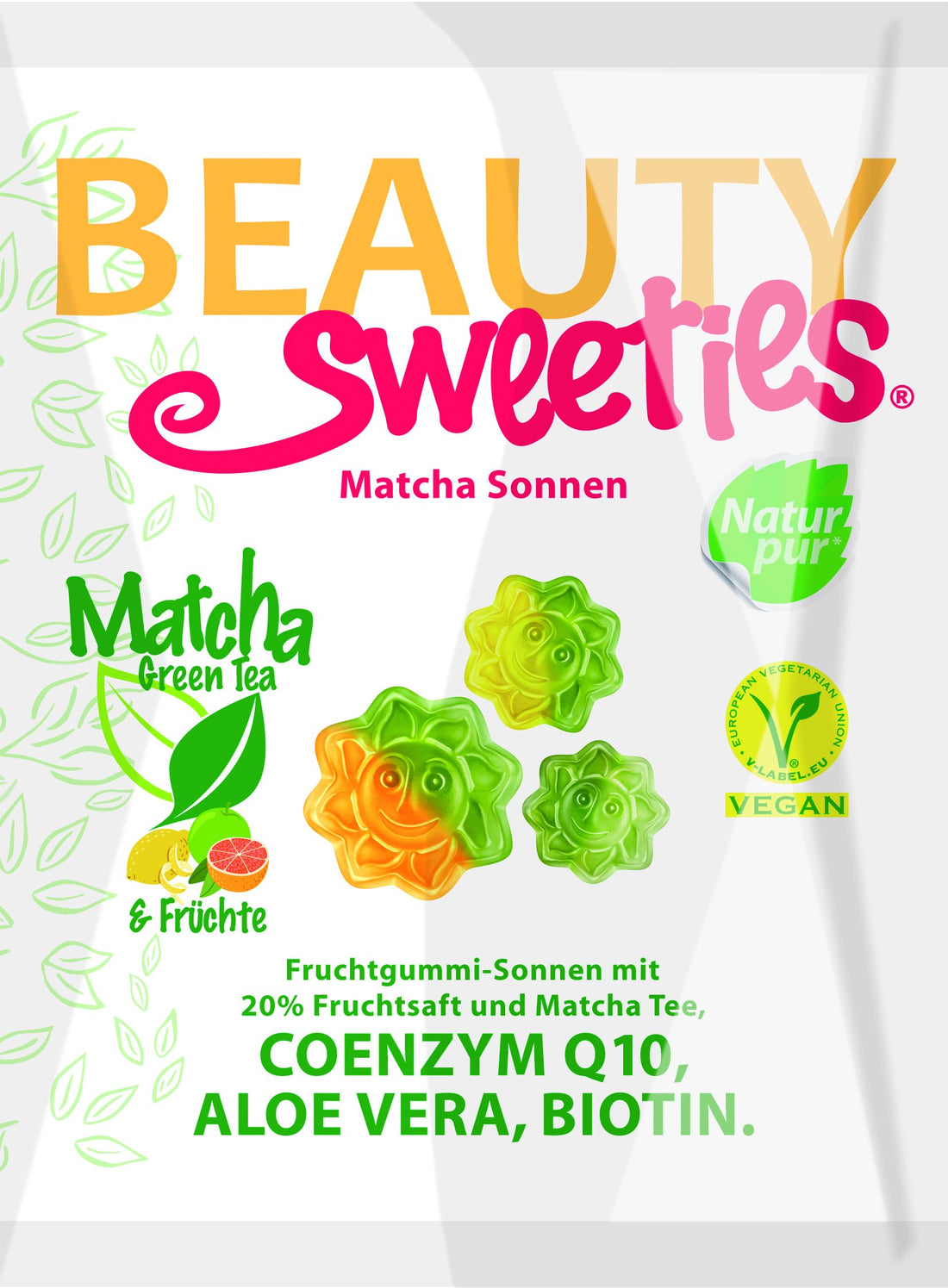 Beauty Sweeties bezlepková vegánska žuvačka matcha slniečko  125 g - 83467