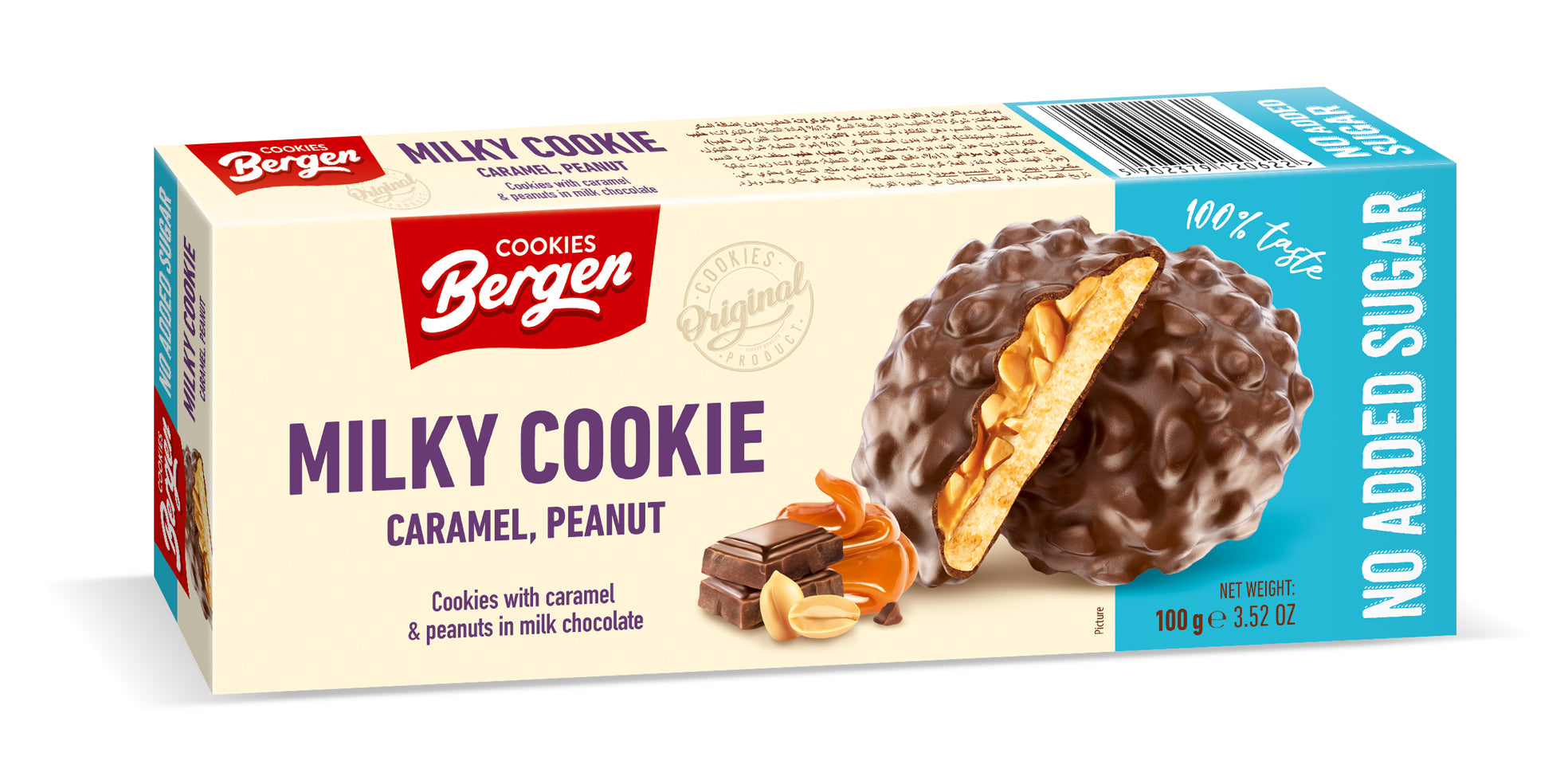 Bergen milky cookie s karamelou v mliečnej čokoláde bez pridaného cukru 100 g