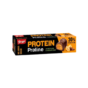 Bergen proteíny, mliečna čokoláda praliné plnené arašidami bez pridaného cukru, so sladidlom 50 g