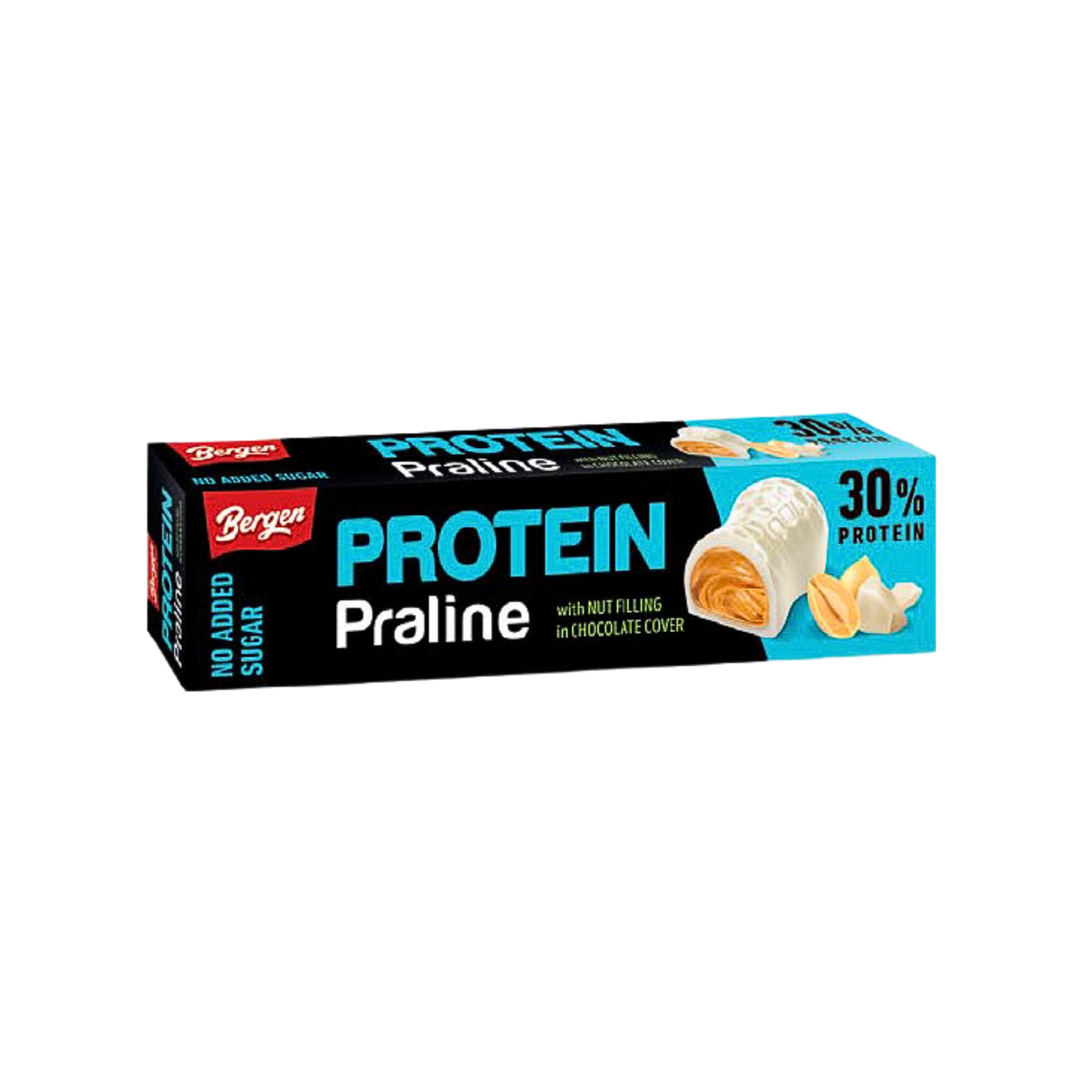 Bergen proteíny, pralinová biela čokoláda plnená arašidami bez pridaného cukru, so sladidlom 50 g