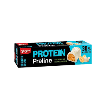 Bergen proteíny, pralinová biela čokoláda plnená arašidami bez pridaného cukru, so sladidlom 50 g