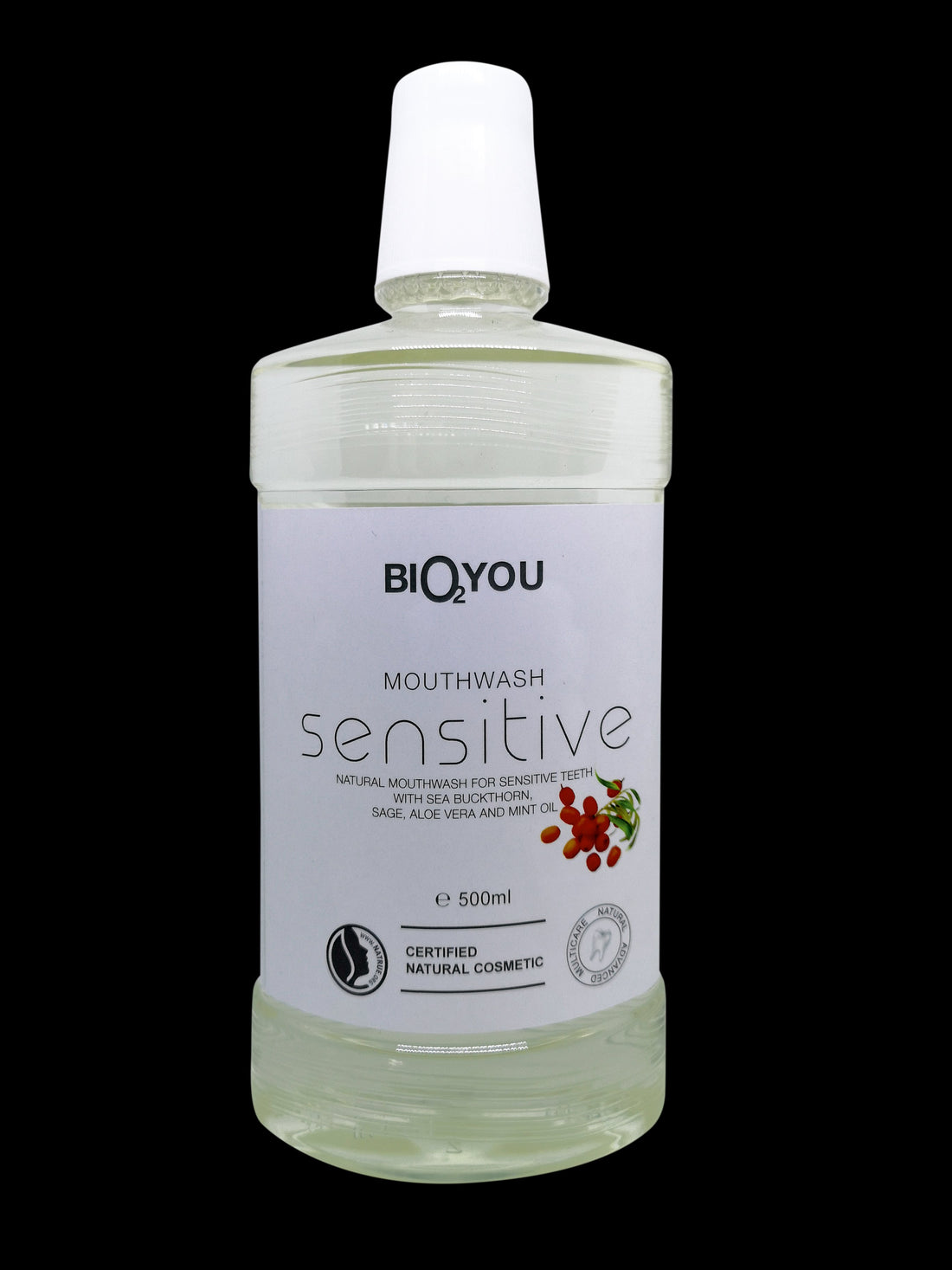 Bio2you prírodná ústna voda pre citlivú pleť s aloe vera, rakytníkom, mätovým olejom a šalviou 500 ml - 88729