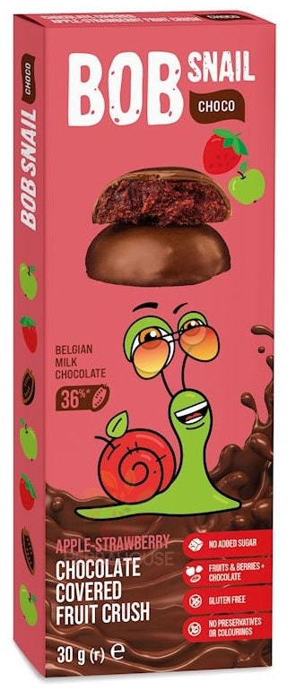 Bob Snail ovocný snack v tmavej čokoláde, jablko-jahoda 30 g - 88370