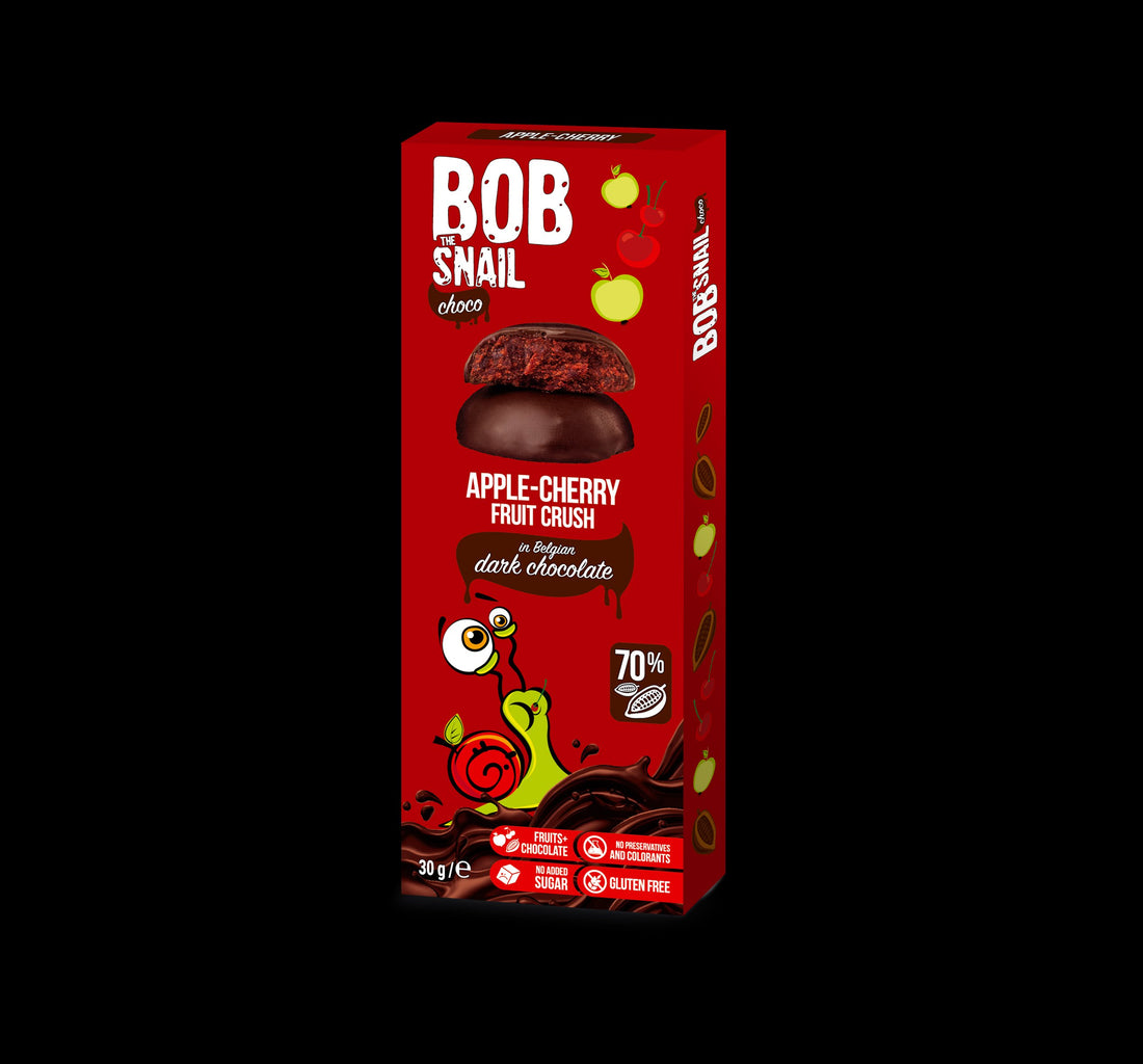 Bob Snail ovocný snack v tmavej čokoláde, jablkom-čerešne 30 g - 88368
