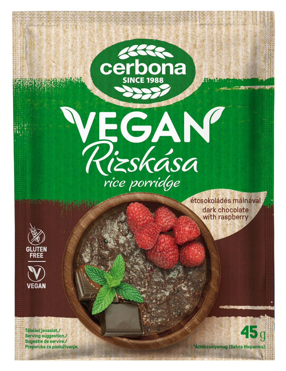 Cerbona vegánska ryžová kaša tmavá čokoláda malina 45 g - 89213