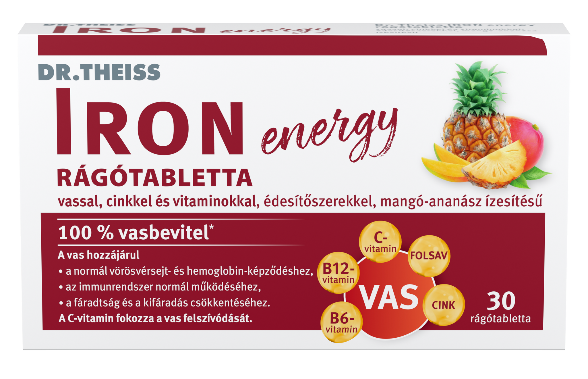 Dr.Theiss energetické žuvacie tablety so železom, zinkom a vitamínmi s príchuťou manga a ananásu 30 ks - 96720