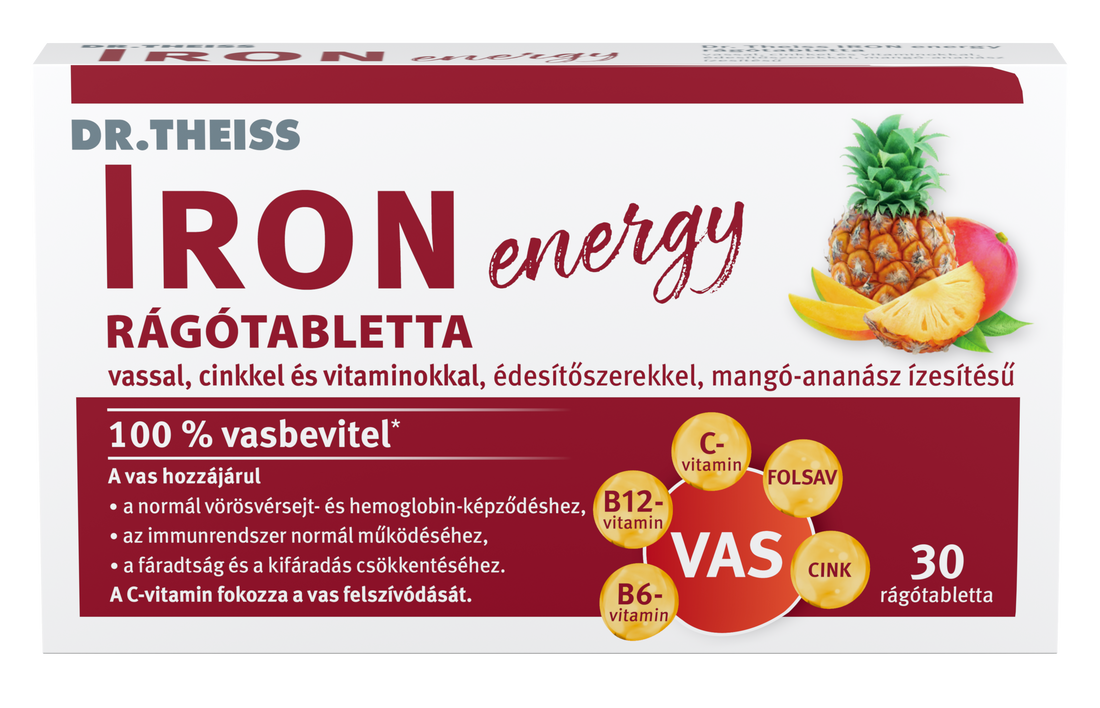 Dr.Theiss energetické žuvacie tablety so železom, zinkom a vitamínmi s príchuťou manga a ananásu 30 ks - 96720