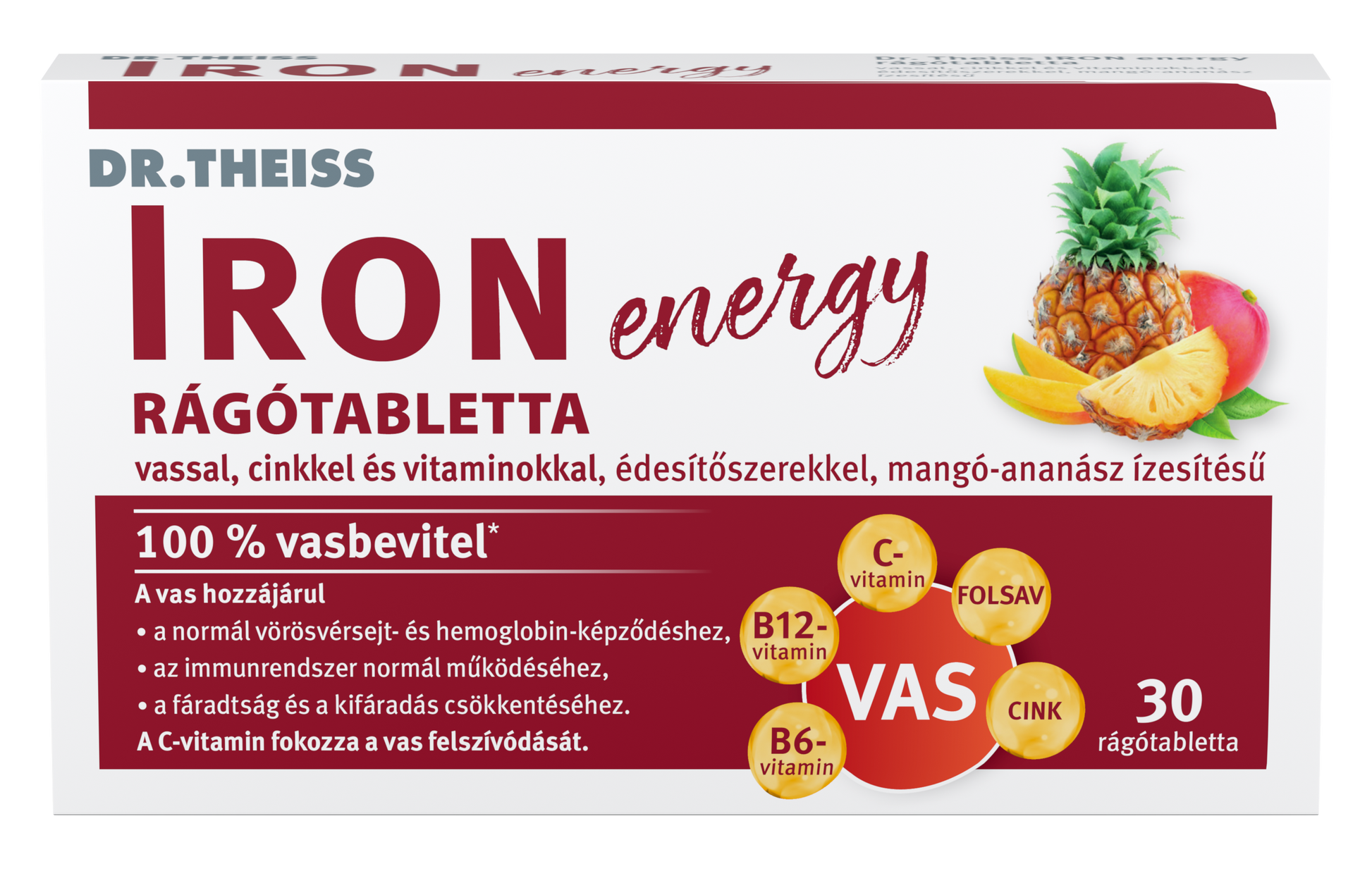 Dr.Theiss energetické žuvacie tablety so železom, zinkom a vitamínmi s príchuťou manga a ananásu 30 ks - 96720