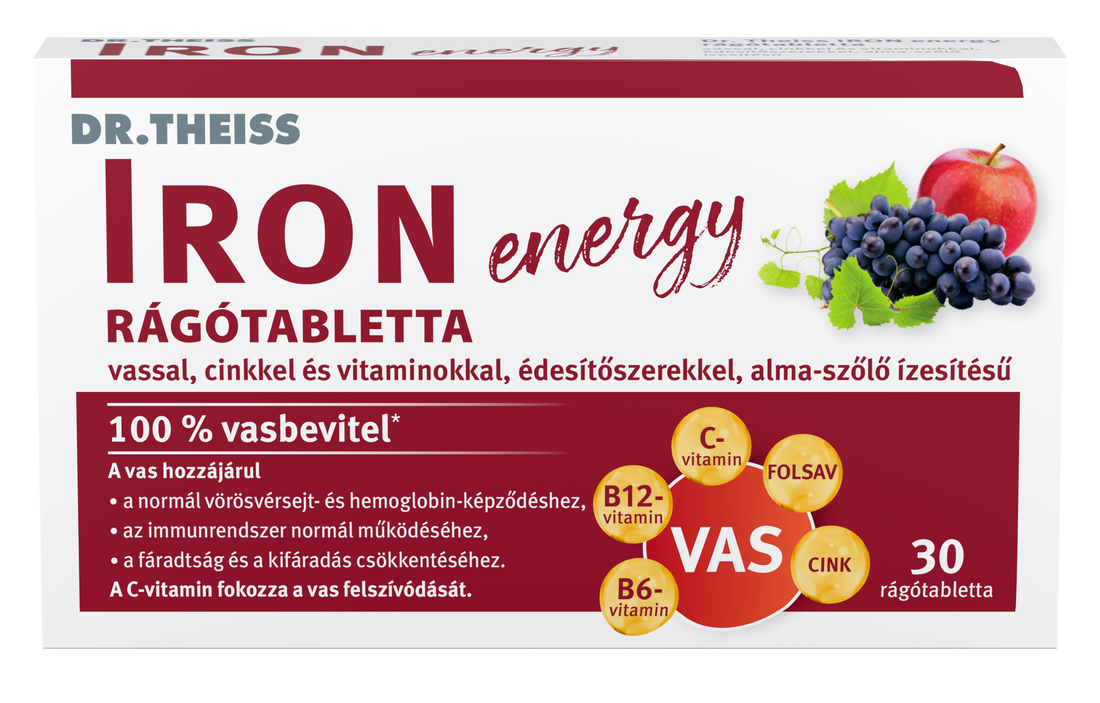 Dr.Theiss energetické žuvacie tablety so železom, zinkom a vitamínmi s príchuťou jablko-jablko 30 ks - 96719