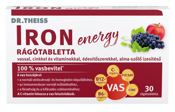Dr.Theiss energetické žuvacie tablety so železom, zinkom a vitamínmi s príchuťou jablko-jablko 30 ks - 96719