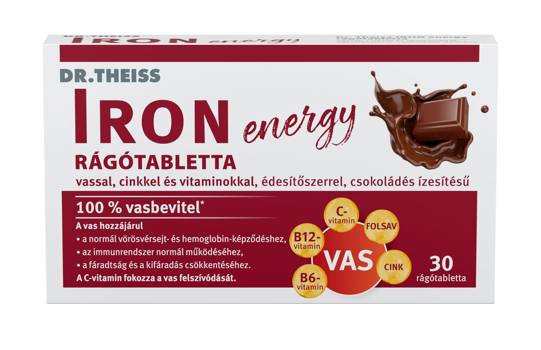 Dr.Theiss energetické žuvacie tablety so železom, zinkom a vitamínmi s čokoládovou príchuťou 30 ks - 93427