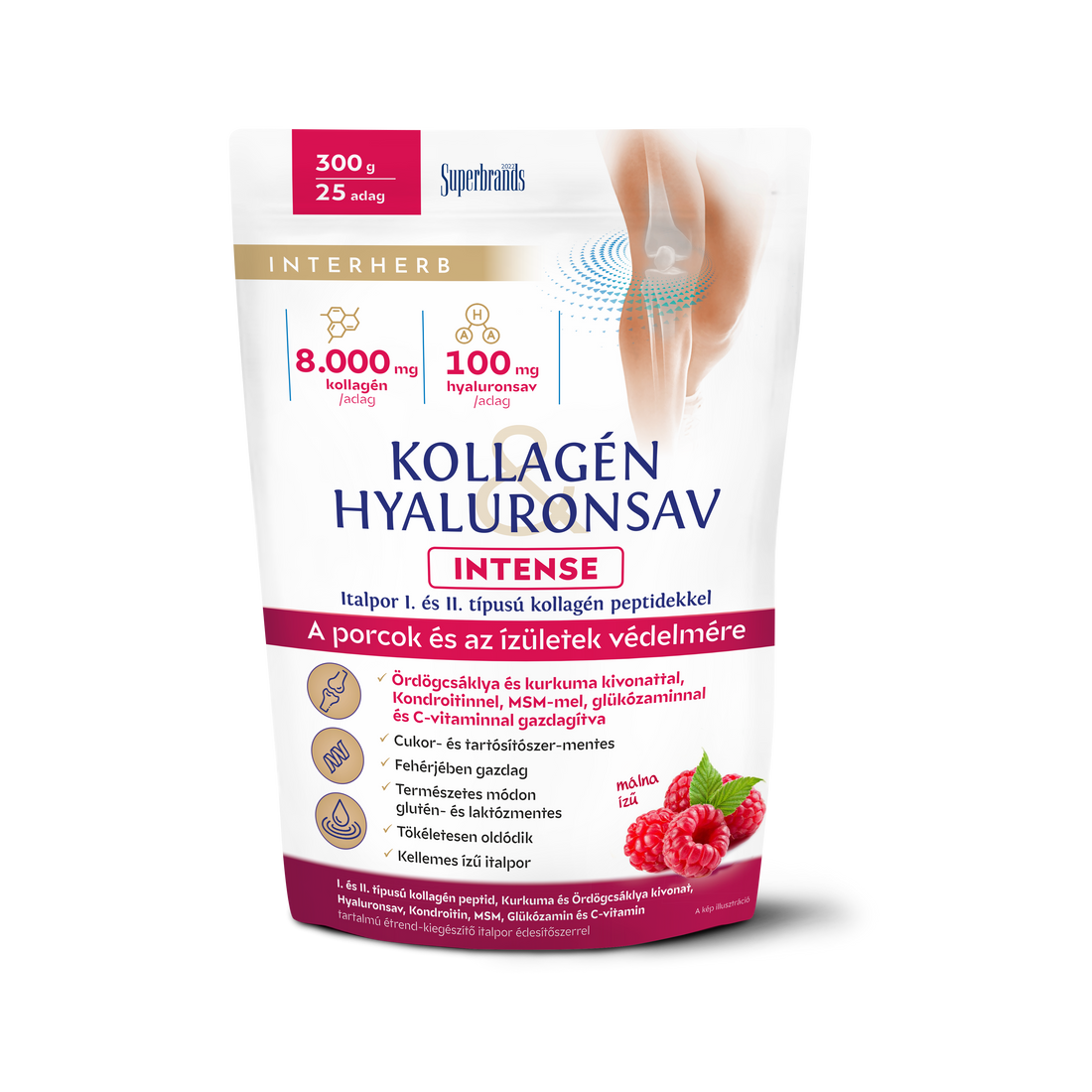 Interherb kolagén a kyselina hyalurónová na stavbu chrupavky v prášku s intenzívnou malinovou príchuťou 300 g - 95909