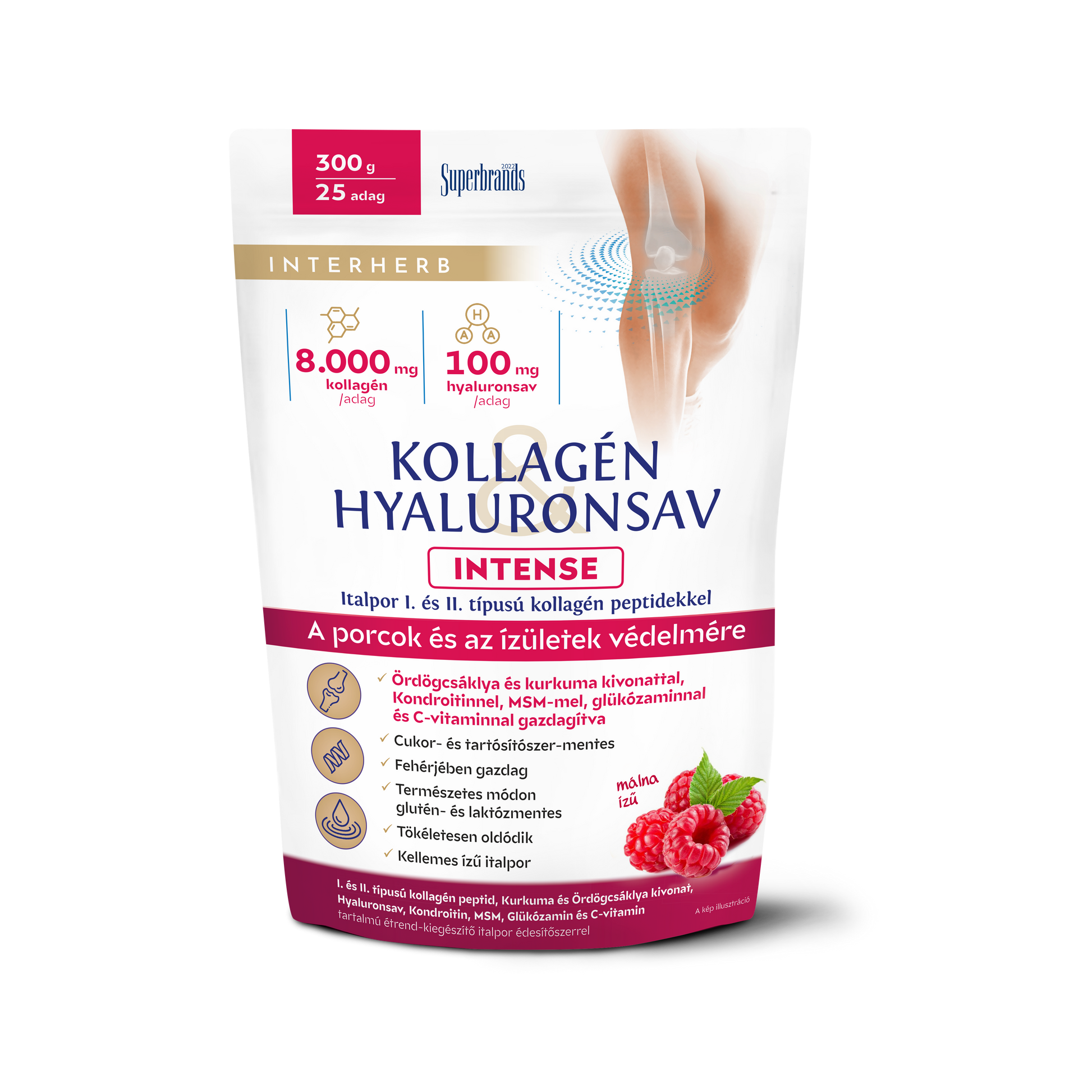 Interherb kolagén a kyselina hyalurónová na stavbu chrupavky v prášku s intenzívnou malinovou príchuťou 300 g - 95909