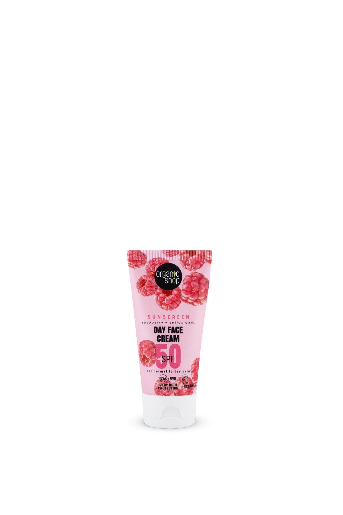 Organic Shop denný krém na opaľovanie s malinami a antioxidantmi spf50 pre normálnu a suchú pleť 50 ml - 96733