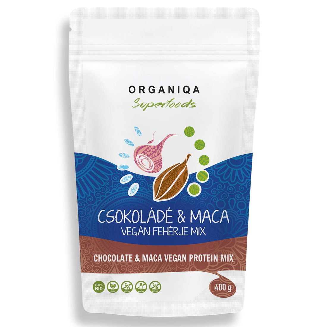 Organiqa organickýproteín  čokoládový maca vegánsky  400 g - 49541
