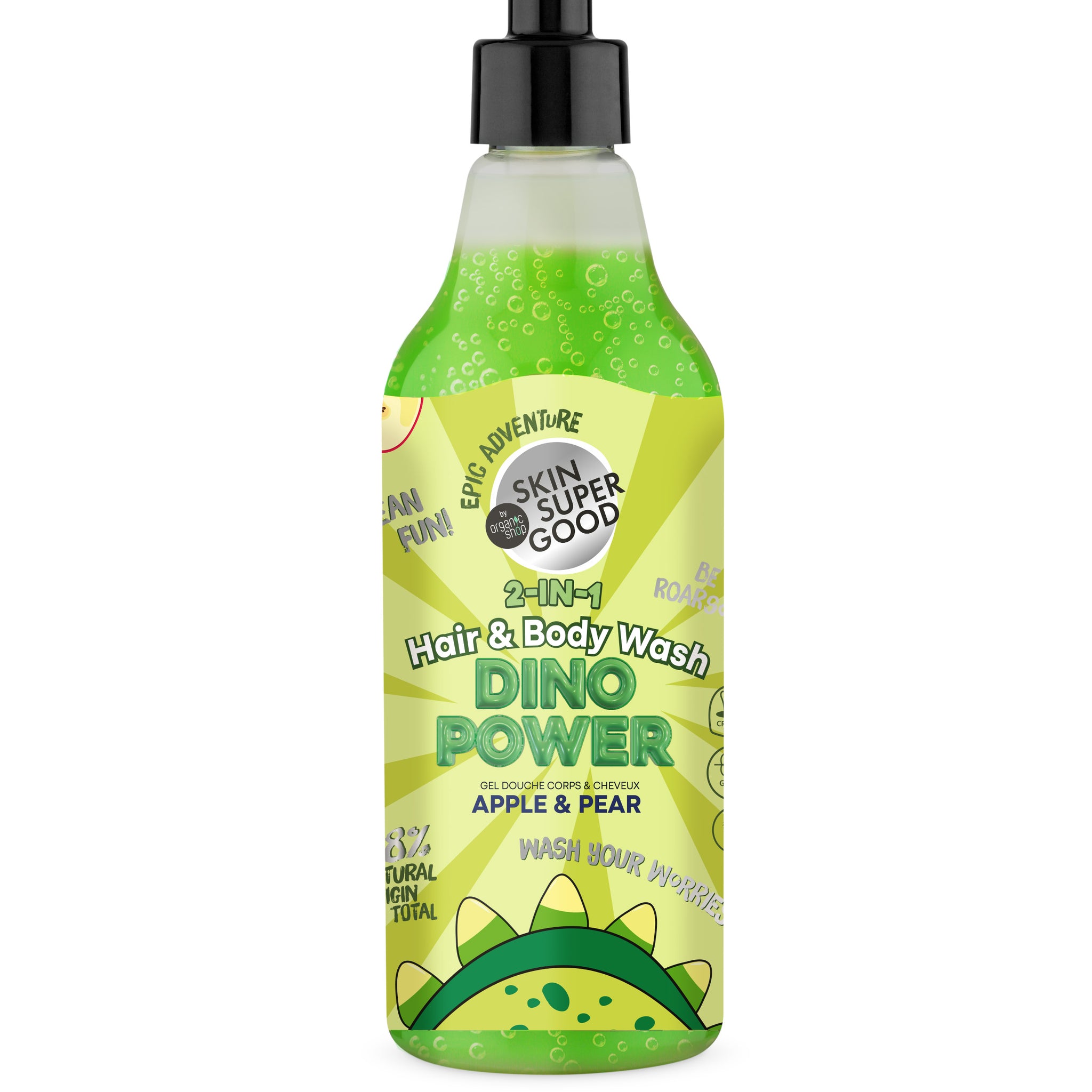 Skin super good 2 v 1 šampón a sprcha s jablkom a hruškou  dino power  500 ml